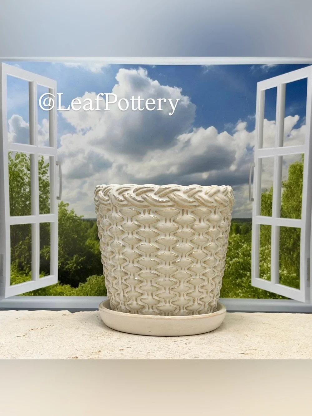 Ceramic Woven Basket Planter with Attached Saucer & Drainage Hole